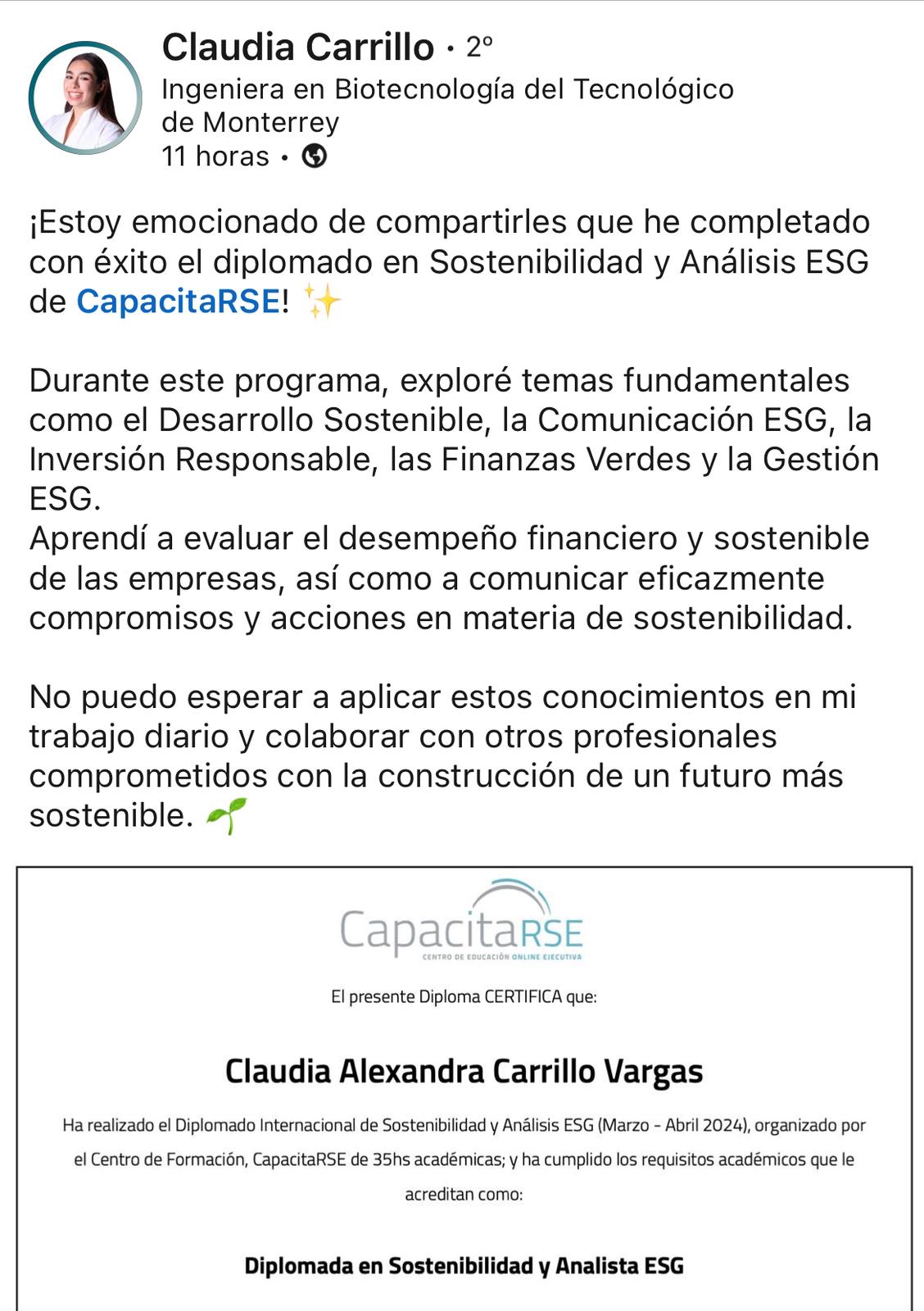 testimonio Diplomado ESG Claudia Carrillo