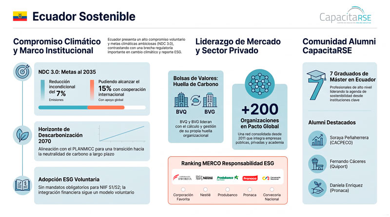 infografia-ecuador-sostenible-2026 Infografía Ecuador Sostenible 2026: sin norma ESG obligatoria, NIIF S1/S2 voluntario, NDC 3.0 con meta economía-amplia, ranking Merco Responsabilidad ESG, Pacto Global Ecuador. Serie 20° aniversario CapacitaRSE.