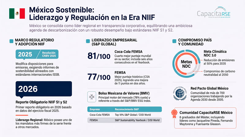 mexico-sostenible-analisis-esg-mc Infografía México Sostenible 2026: mandato NIIF S1/S2 de la CNBV desde el ejercicio 2025, NDC 3.0 con techo de emisiones a 2035, FEMSA y Coca-Cola FEMSA en S&P Sustainability Yearbook, Pacto Global México. Serie 20° aniversario CapacitaRSE.